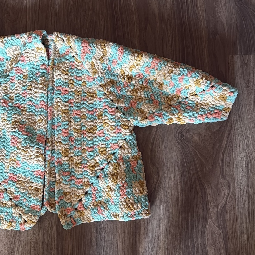Vintage chunky handmade knit, multicolored cardigan and hat medium - Picture 5 of 12